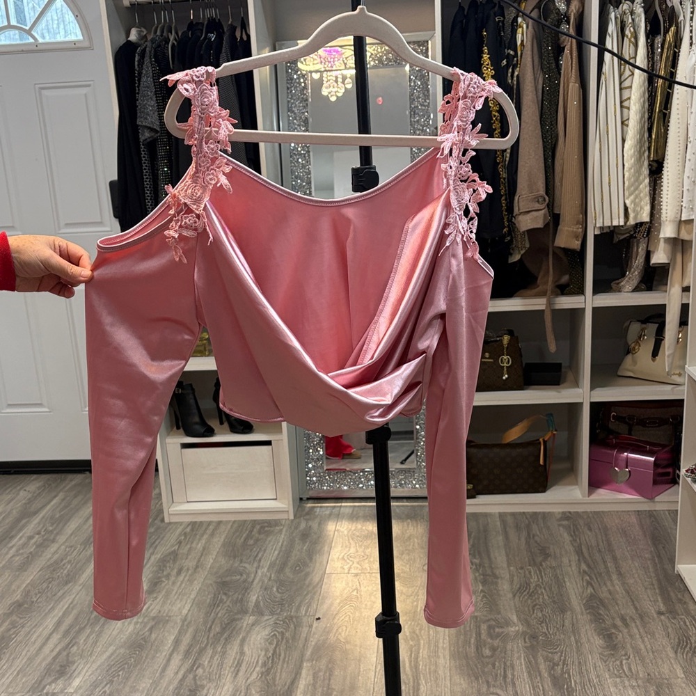 Pink Off-Shoulder Top with Lace Straps